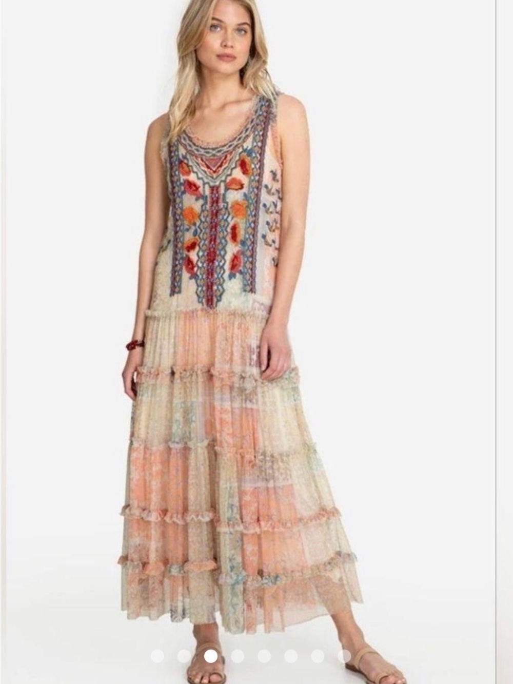 Sleeveless Peach Boho Tiered Maxi Dress with Embroidered Front